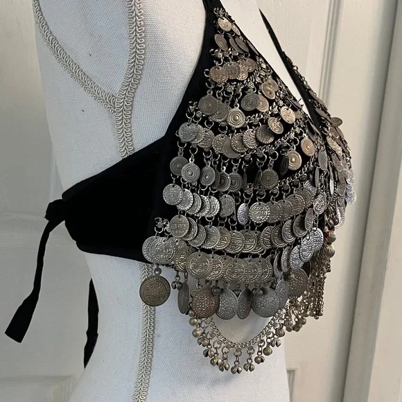 Black Halter Top with Silver Coin Embellishments Tribal Bellydance Large - Picture 5 of 13